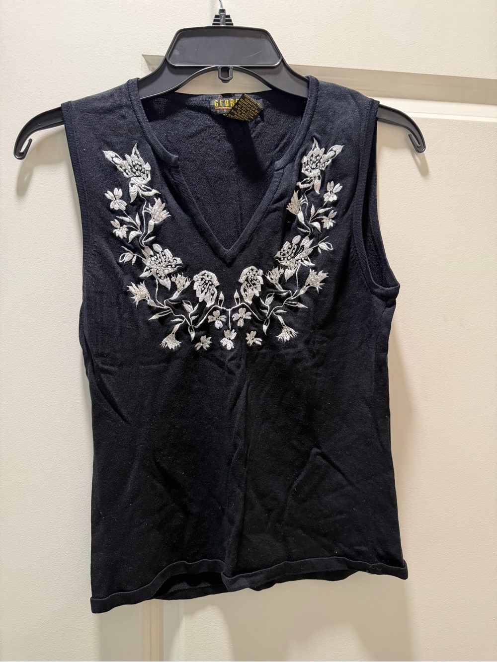 Georgiou Black V-Neck Tank with White Floral Embroidery